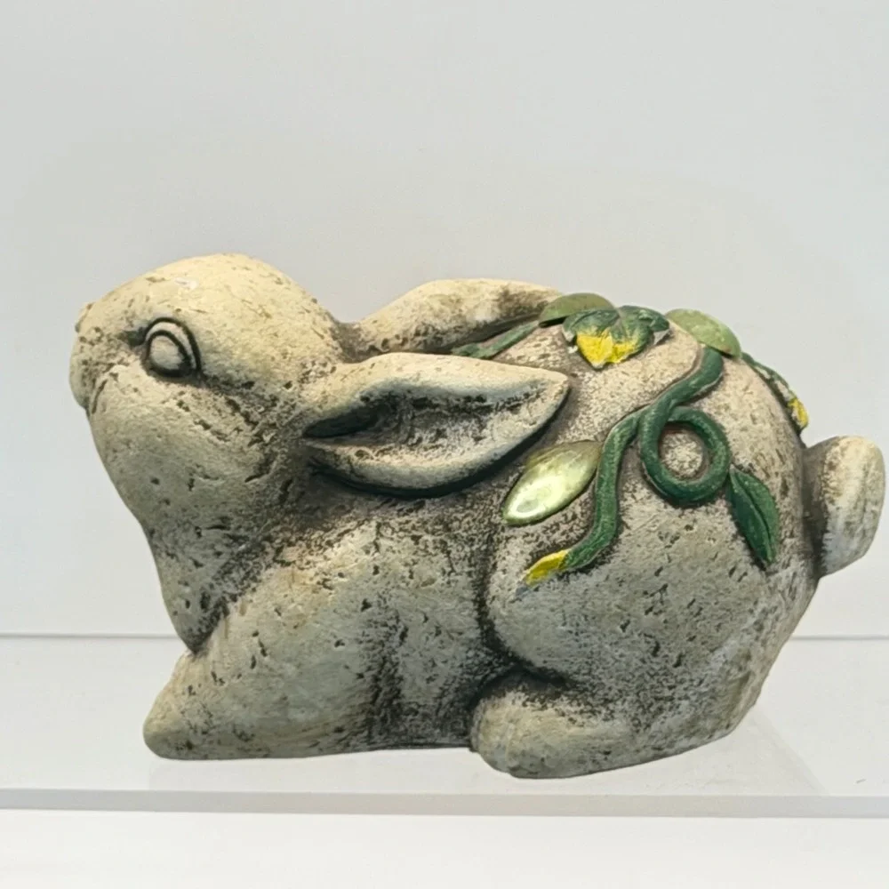 Garden Bunny Rabbit Figurine Stone Look Pink Butterfly Flower Easter Decor 5.5in